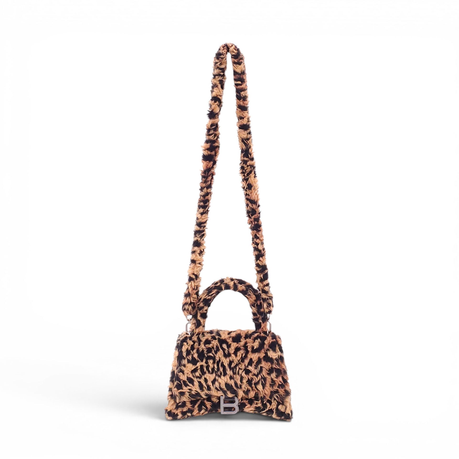 BALENCIAGA LEOPARD FAUX FUR HOURGLASS TOP HANDLE BAG