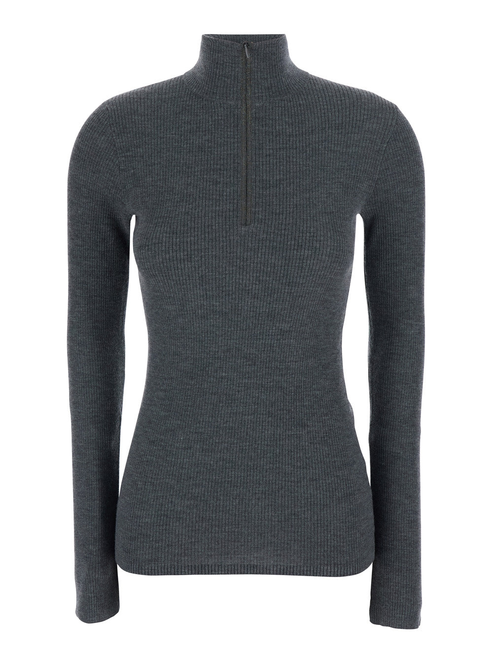 Brunello Cucinelli Women Gray Turtleneck Sweater With Half Zip On The Front In Wool And Cashmere For Women