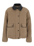 Brunello Cucinelli Women Beige Jacket With Leather Collar And Two Patch Pockets On The Front In Cotton Blend For Women