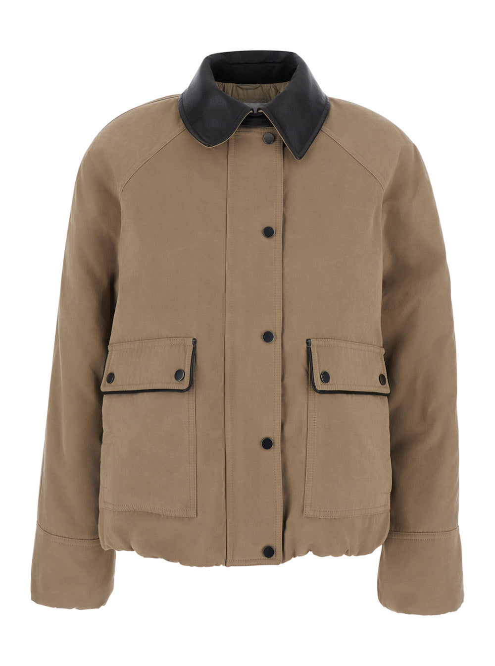 Brunello Cucinelli Women Beige Jacket With Leather Collar And Two Patch Pockets On The Front In Cotton Blend For Women