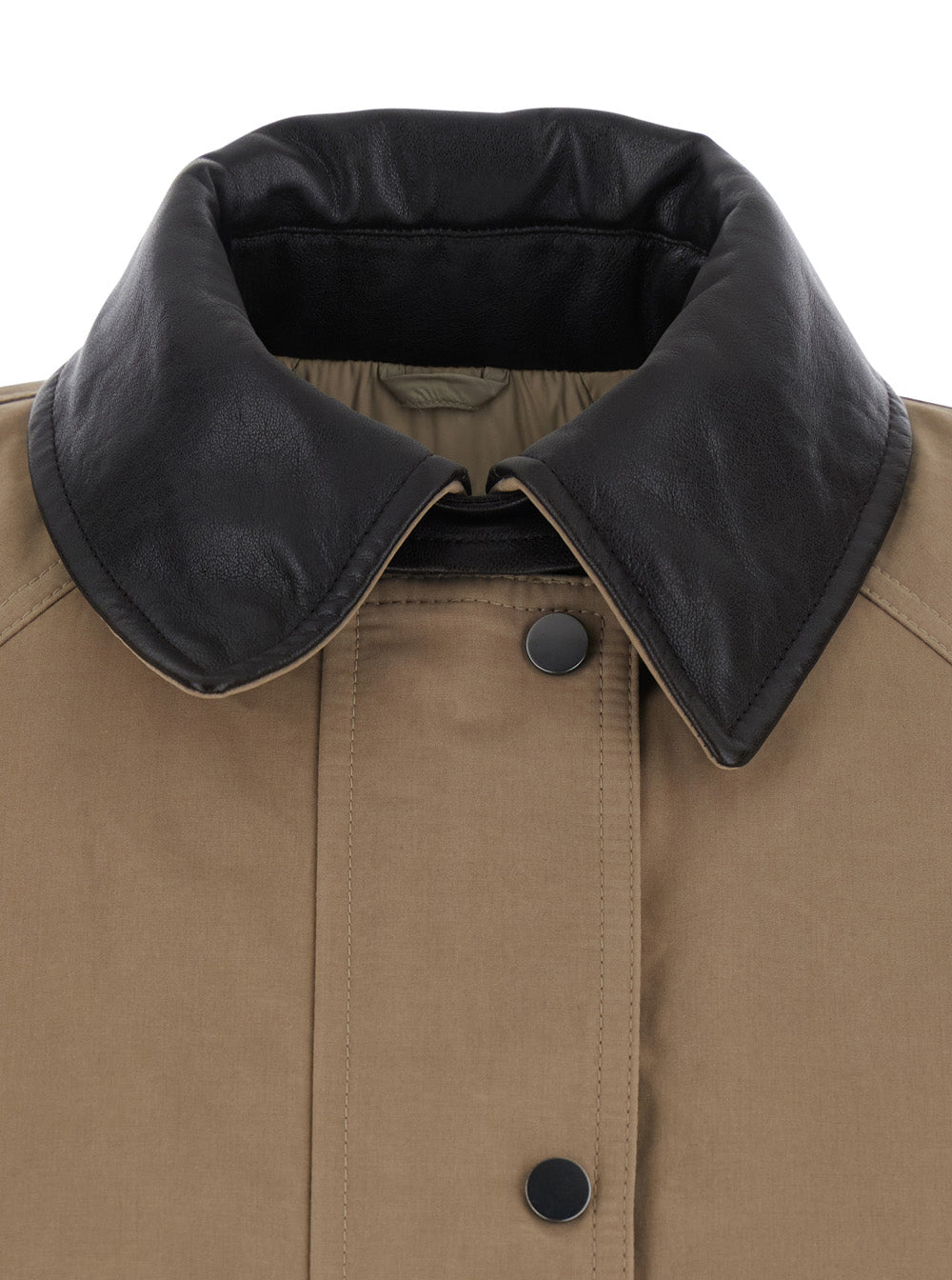 Brunello Cucinelli Women Beige Jacket With Leather Collar And Two Patch Pockets On The Front In Cotton Blend For Women
