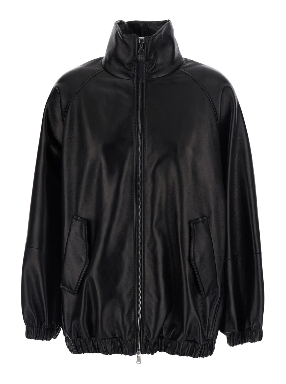 Brunello Cucinelli Women Black High Collar Jacket With Elasticized Trims In Leather For Women