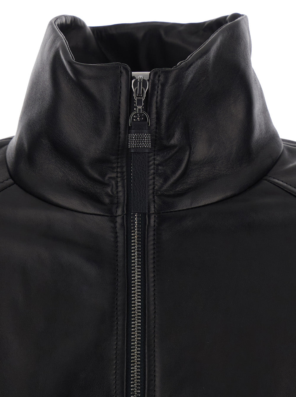 Brunello Cucinelli Women Black High Collar Jacket With Elasticized Trims In Leather For Women
