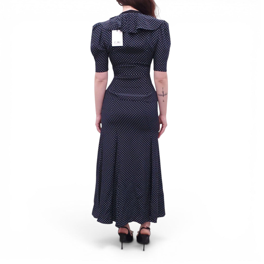 ALESSANDRA RICH NAVY POLKA DOT DRESS WITH GOLD PEARL BUTTONS - SIZE 40 (FITS SMALL)