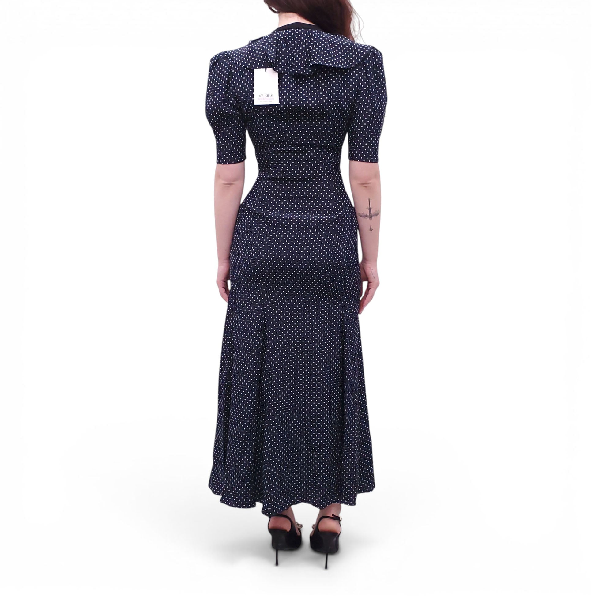 ALESSANDRA RICH NAVY POLKA DOT DRESS WITH GOLD PEARL BUTTONS - SIZE 40 (FITS SMALL)