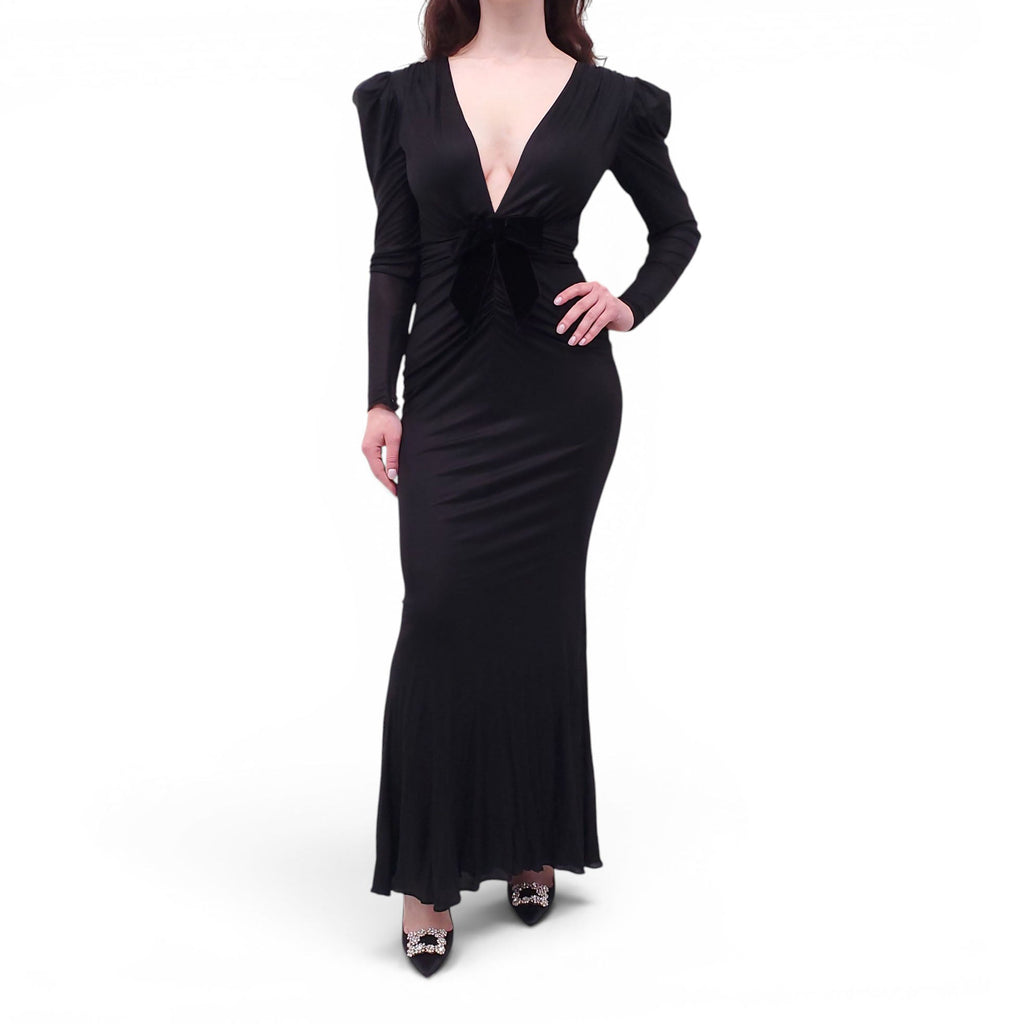 ALESSANDRA RICH BLACK DRAPED SATIN MAXI DRESS WITH VELVET BOW - SIZE 38