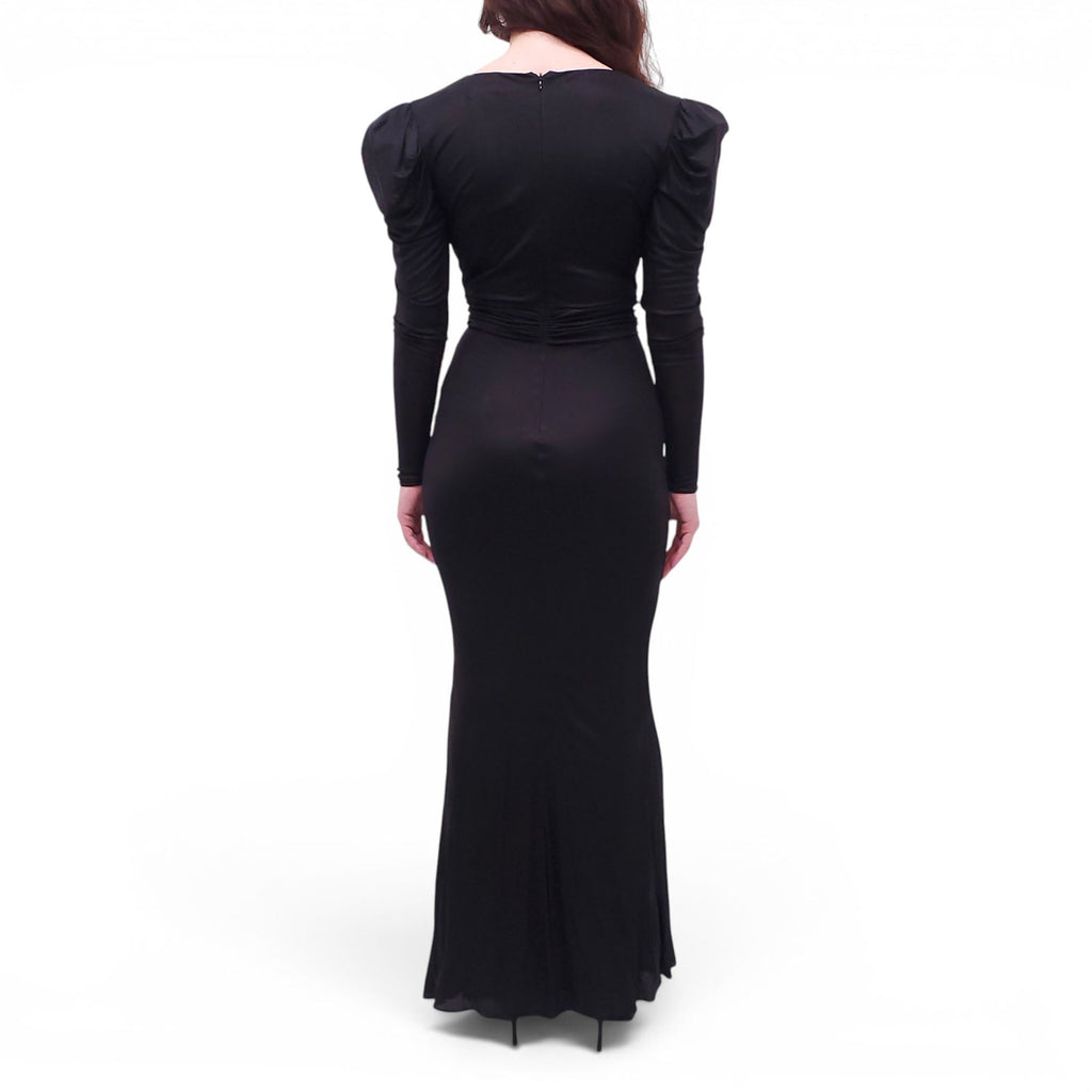 ALESSANDRA RICH BLACK DRAPED SATIN MAXI DRESS WITH VELVET BOW - SIZE 38