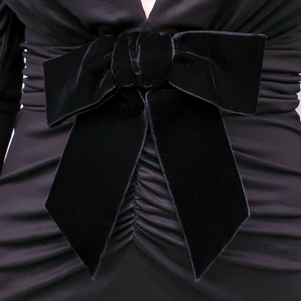 ALESSANDRA RICH BLACK DRAPED SATIN MAXI DRESS WITH VELVET BOW - SIZE 38