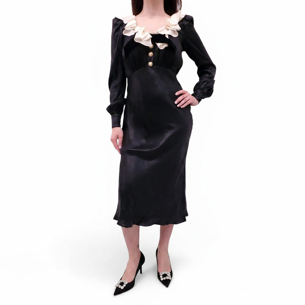 ALESSANDRA RICH BLACK LAMINATED SILK MIDI DRESS - SIZE 42 (FITS SMALL)
