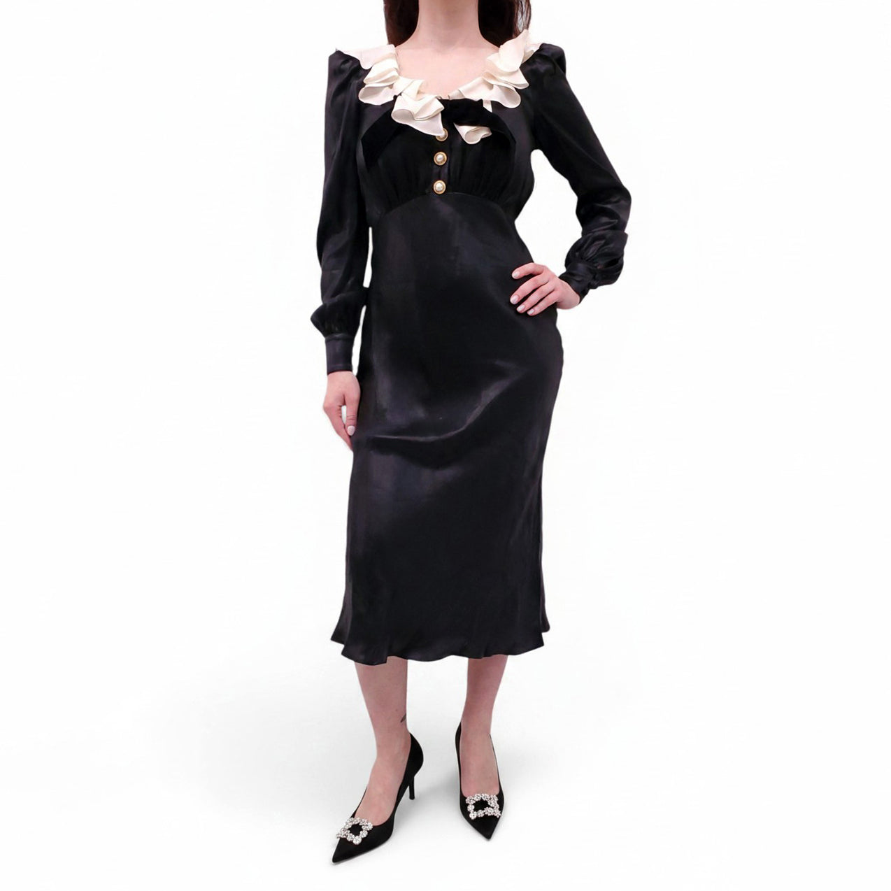 ALESSANDRA RICH BLACK LAMINATED SILK MIDI DRESS - SIZE 42 (FITS SMALL)