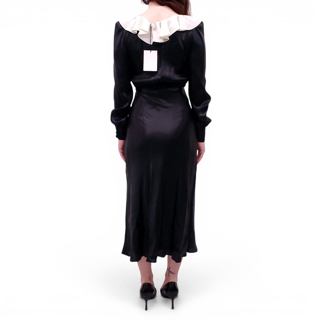 ALESSANDRA RICH BLACK LAMINATED SILK MIDI DRESS - SIZE 42 (FITS SMALL)