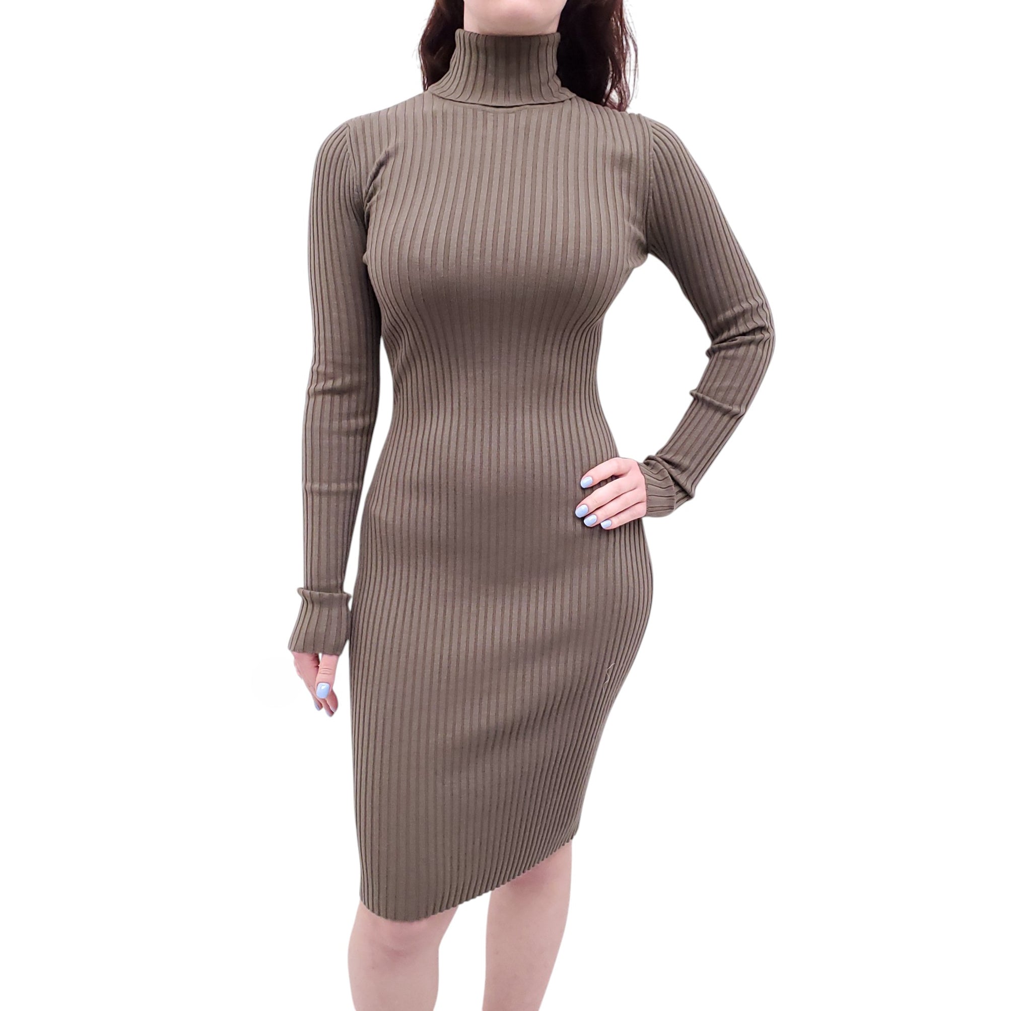 WOLFORD ARMY GREEN RIBBED LONG SLEEVE TURTLENECK DRESS - SIZE M