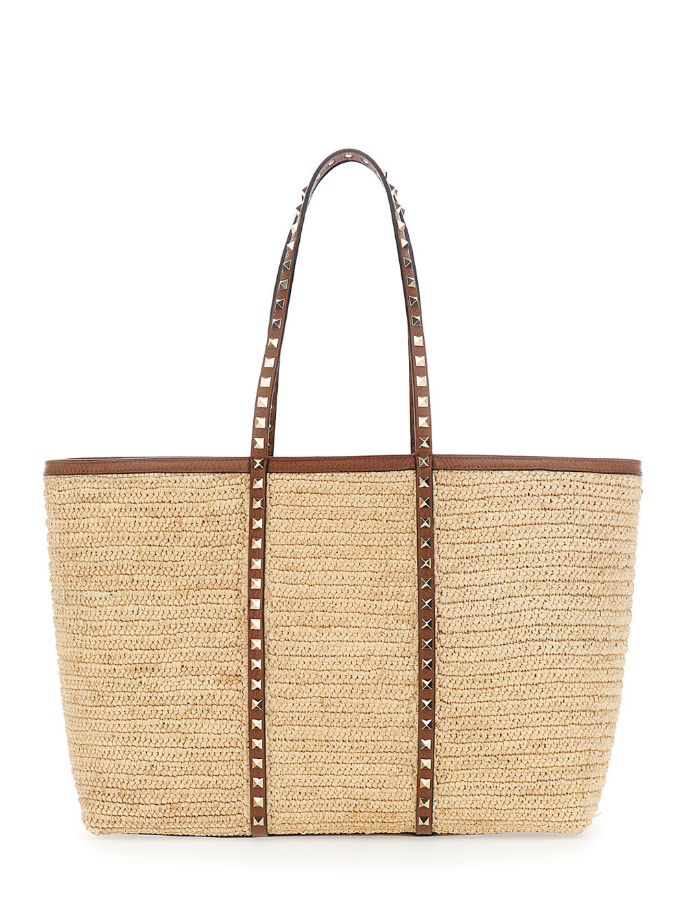 Valentino Garavani Women Beige Shopper Bag With Rockstud Studs In Raffia And Leather Woman