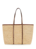 Valentino Garavani Women Beige Shopper Bag With Rockstud Studs In Raffia And Leather Woman