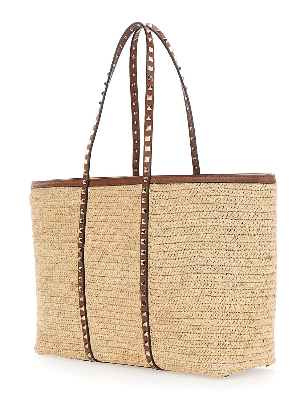 Valentino Garavani Women Beige Shopper Bag With Rockstud Studs In Raffia And Leather Woman