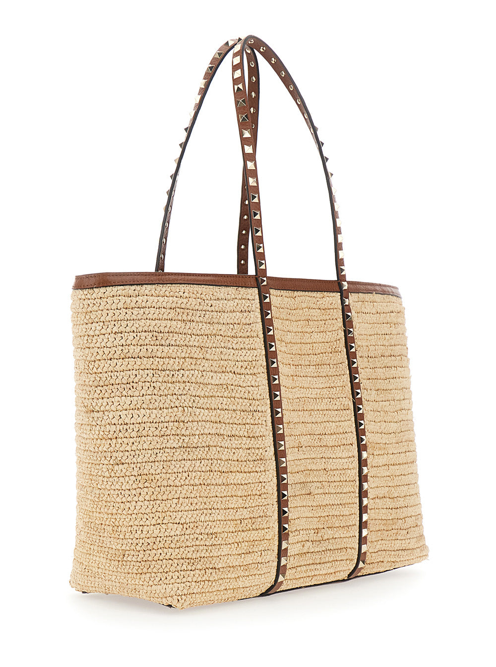 Valentino Garavani Women Beige Shopper Bag With Rockstud Studs In Raffia And Leather Woman