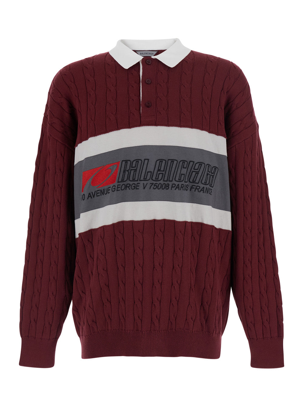 Balenciaga Men Bordeaux Sweater With Cable Design And Maxi Logo On The Front In Cotton For Men