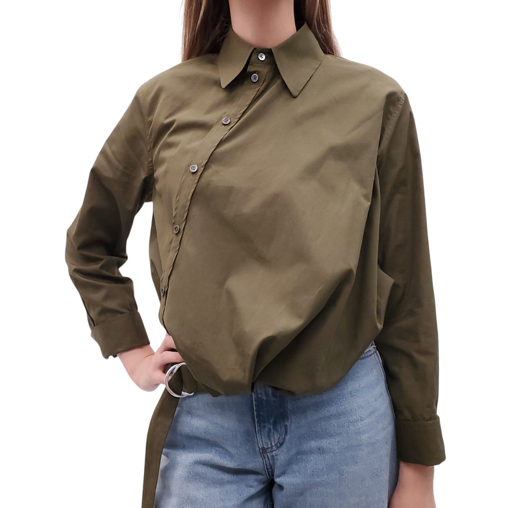 LOEWE GREEN DRAPED COTTON SHIRT WITH BELT DETAIL - SIZE 32