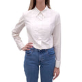 CHANEL WHITE TUXEDO BLOUSE WITH CC PEARL BUTTONS - SIZE 38