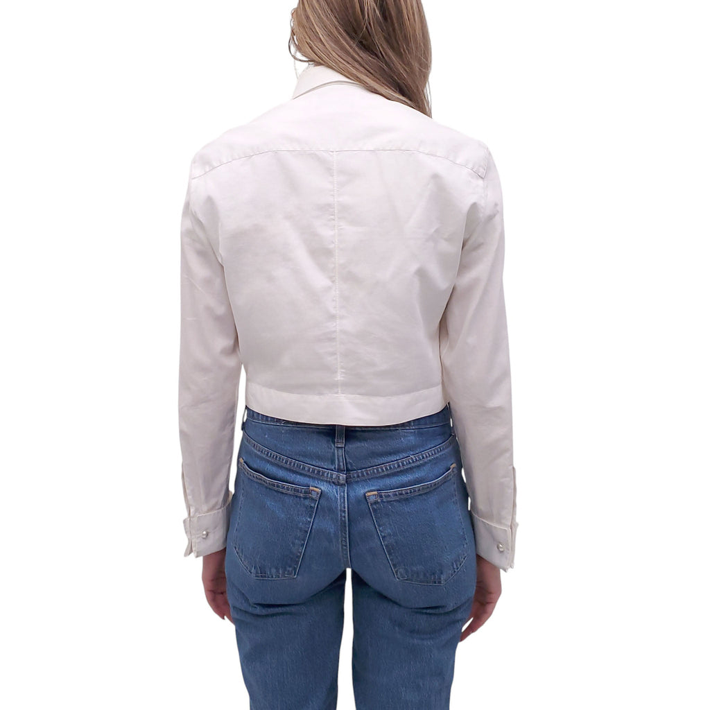 CHANEL WHITE TUXEDO BLOUSE WITH CC PEARL BUTTONS - SIZE 38