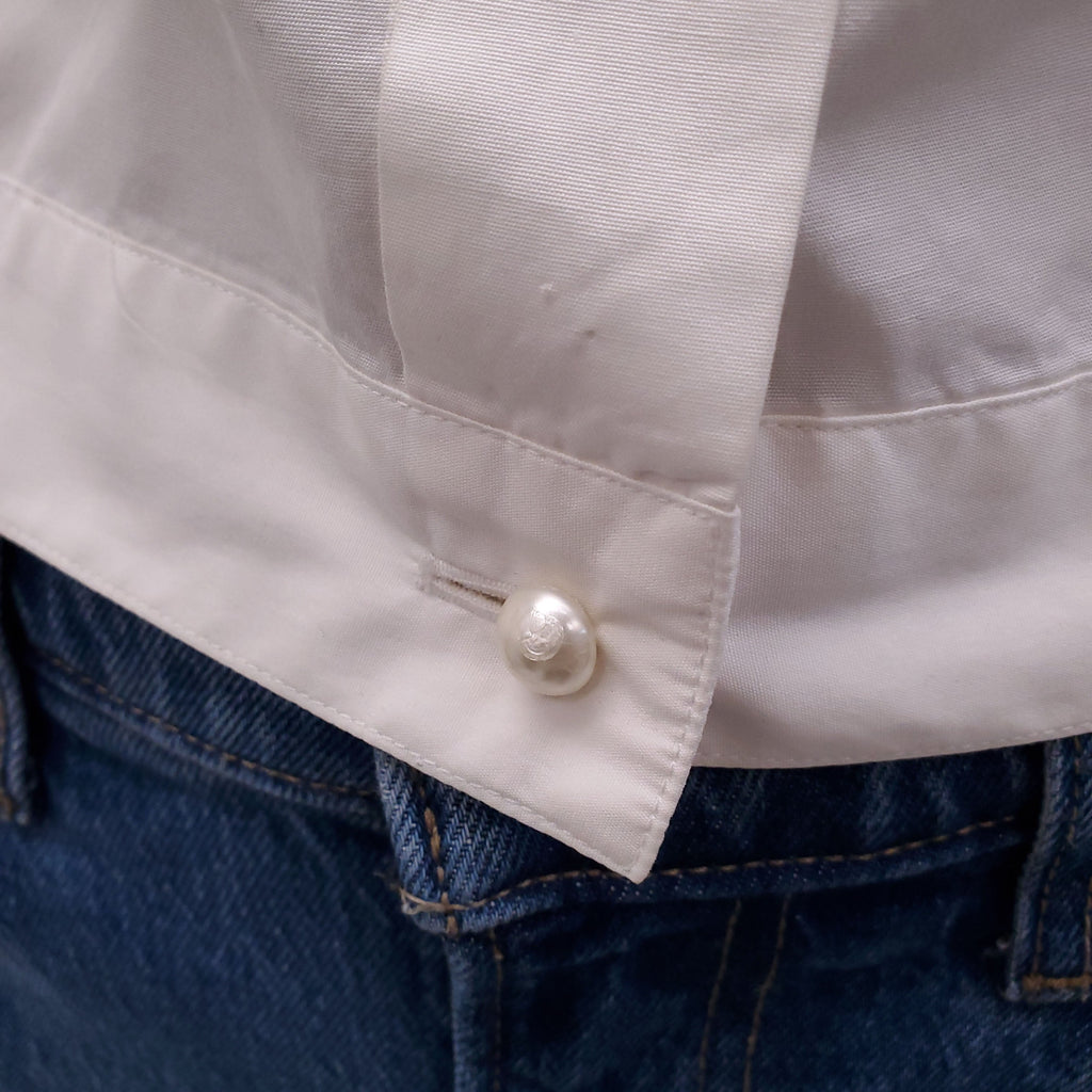 CHANEL WHITE TUXEDO BLOUSE WITH CC PEARL BUTTONS - SIZE 38