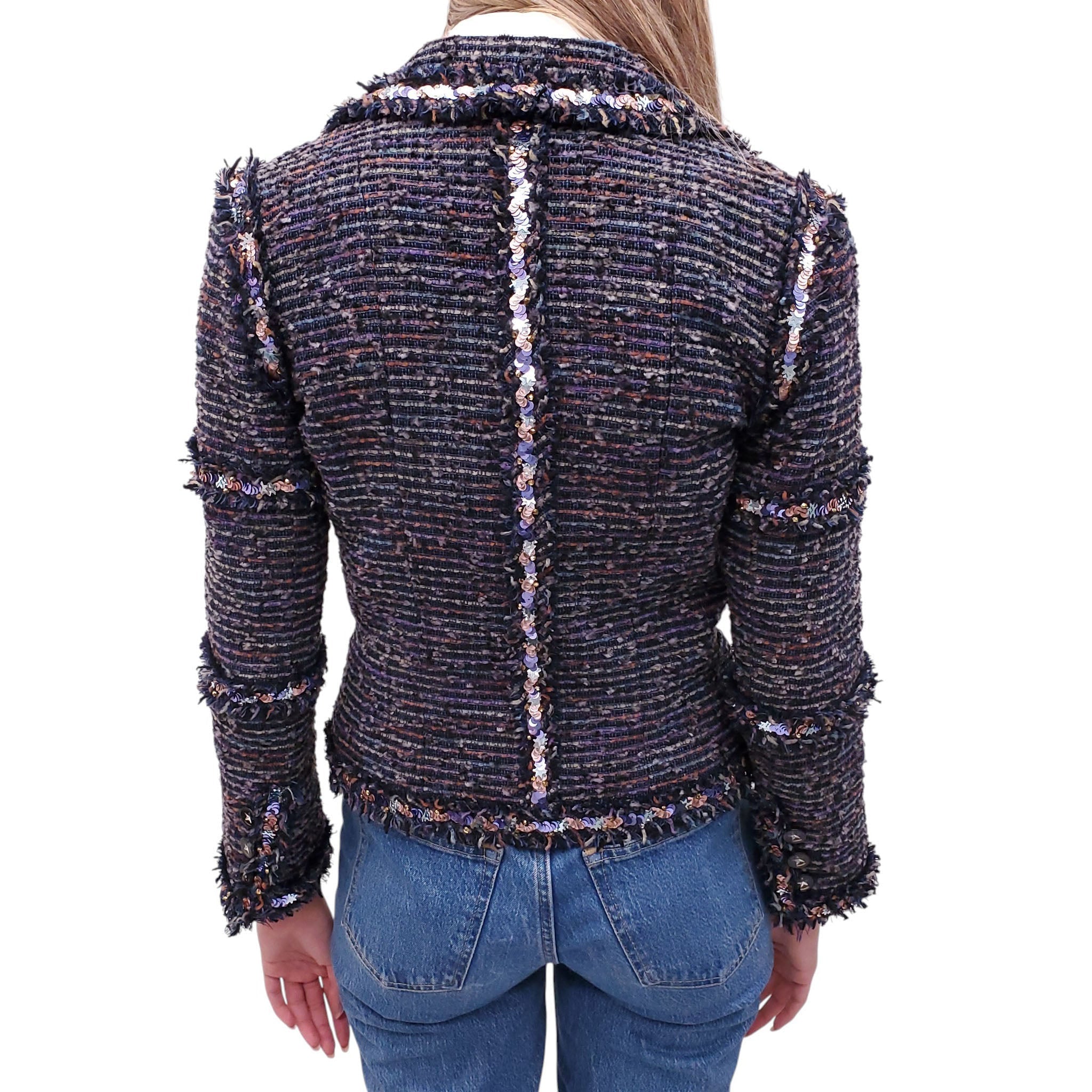 CHANEL COLLECTABLE NAVY TWEED SEQUIN JACKET WITH STAR BUTTONS - SIZE 38