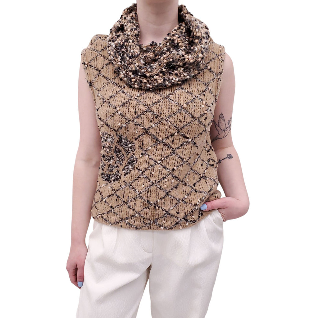 CHANEL CAMEL QUILTED WOOL BLEND CARDIGAN SET WITH COCO LOGO - SIZE 36