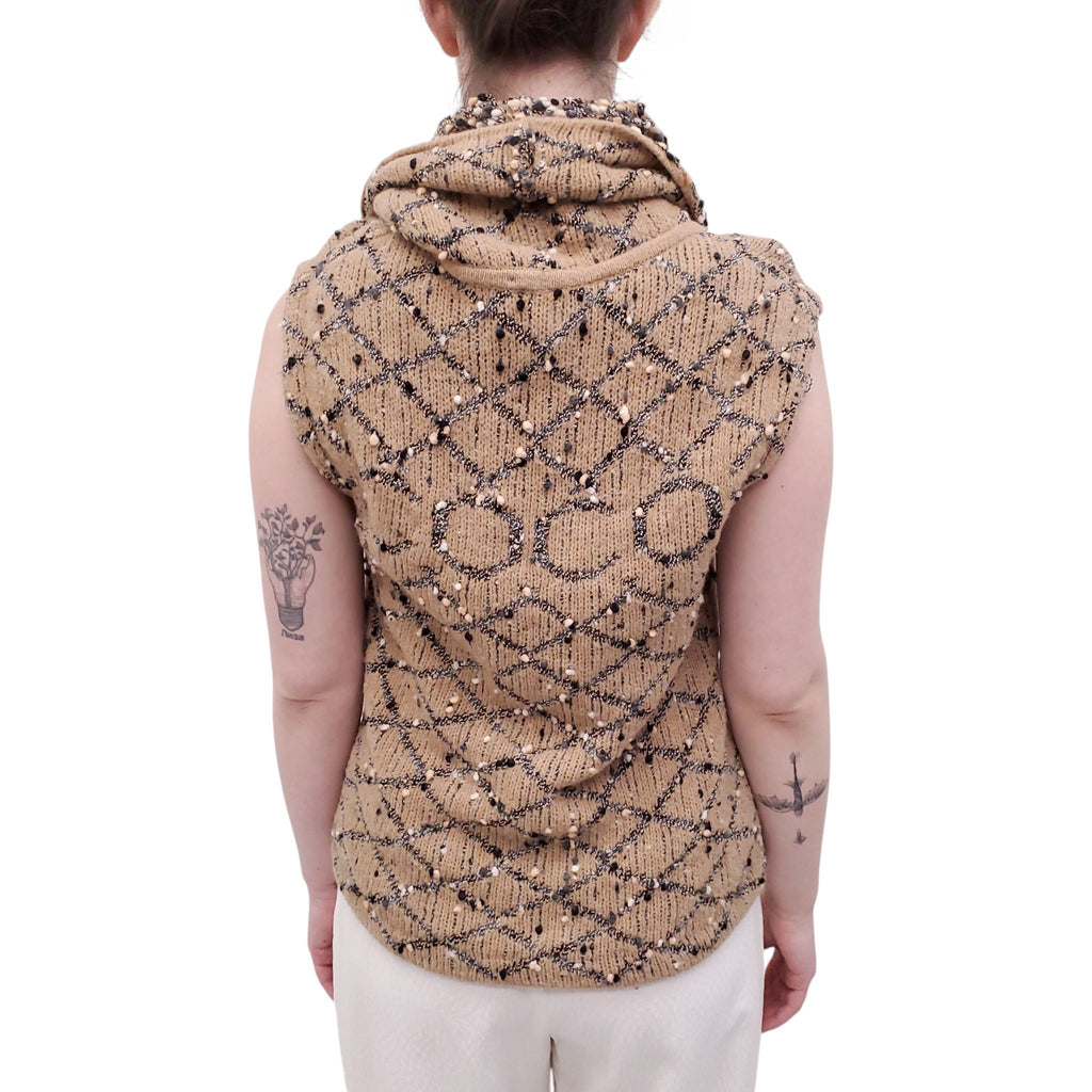 CHANEL CAMEL QUILTED WOOL BLEND CARDIGAN SET WITH COCO LOGO - SIZE 36