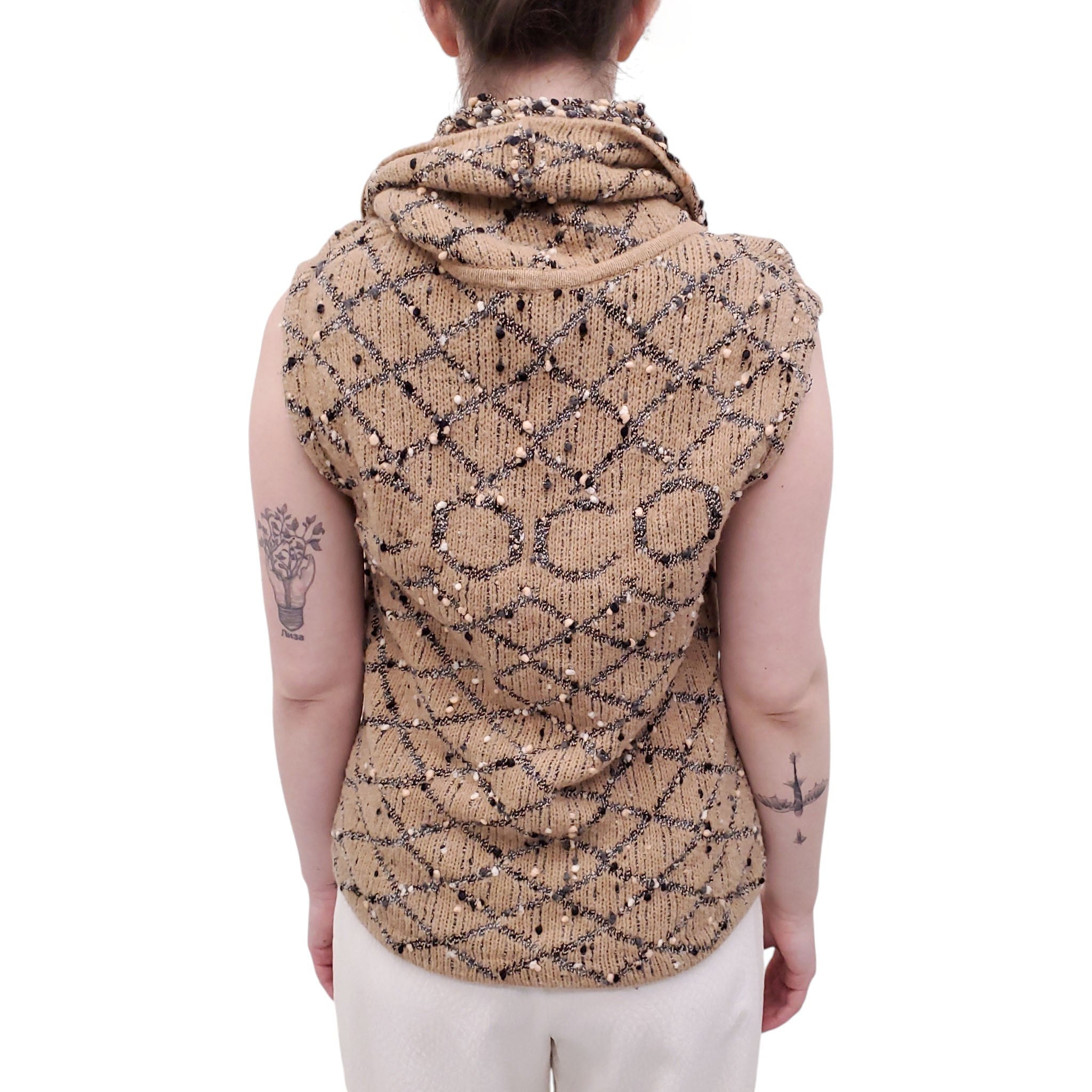 CHANEL CAMEL QUILTED WOOL BLEND CARDIGAN SET WITH COCO LOGO - SIZE 36