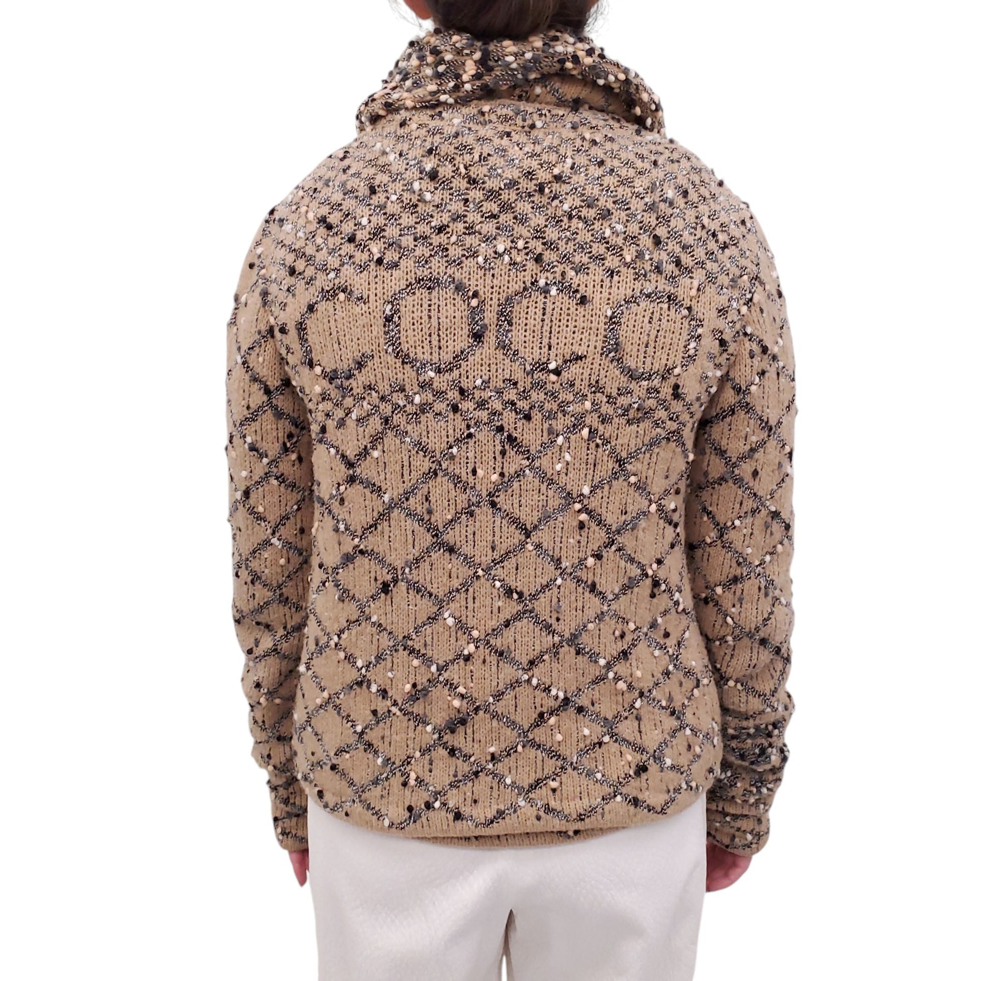 CHANEL CAMEL QUILTED WOOL BLEND CARDIGAN SET WITH COCO LOGO - SIZE 36