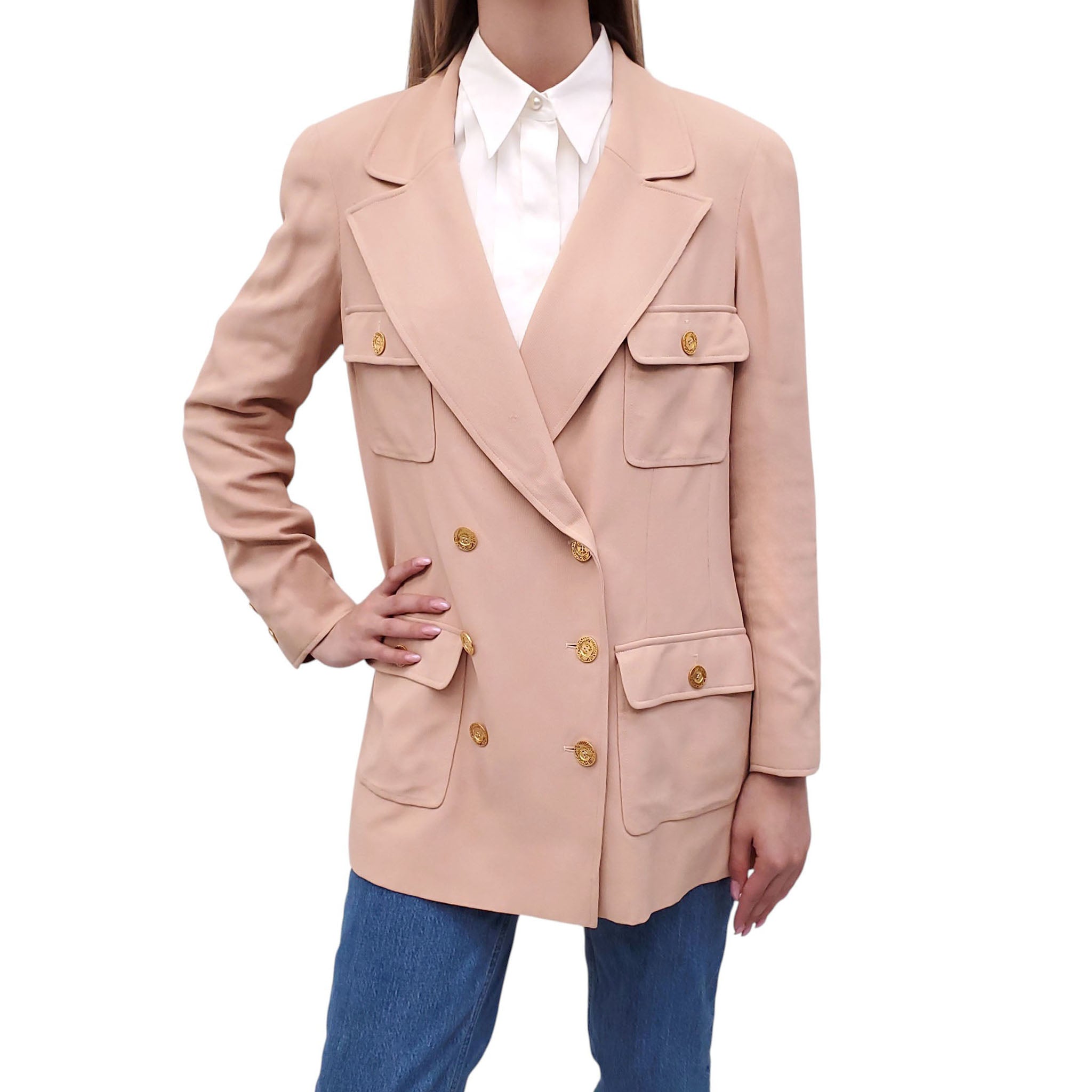 CHANEL S/S 1997 CAMEL DOUBLE BREASTED MILITARY JACKET - SIZE 44