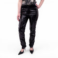 CHANEL BLACK PATENT LEATHER AND SUEDE TROUSERS WITH LOGO BUTTON - SIZE 40
