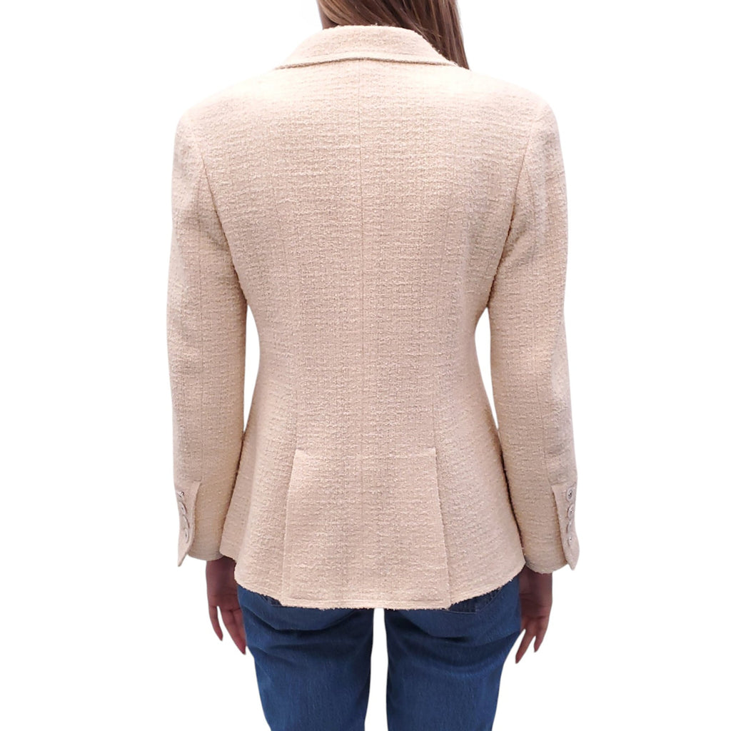 CHANEL 1996 CREAM TWEED DOUBLE BREASTED JACKET WITH MOTHER OF PEARL LOGO BUTTONS - SIZE 40