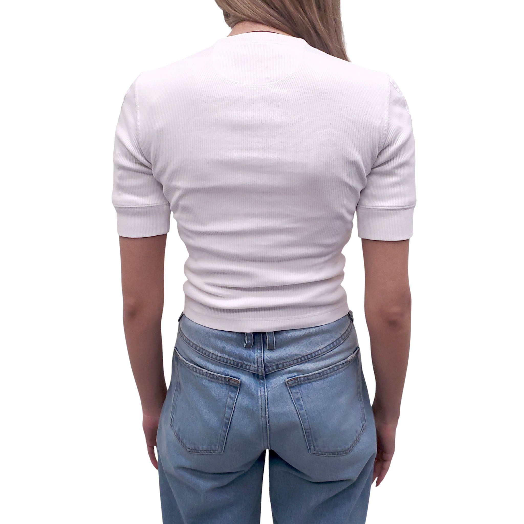 GUCCI WHITE RIBBED POPLIN T-SHIRT WITH LOGO - SIZE XS