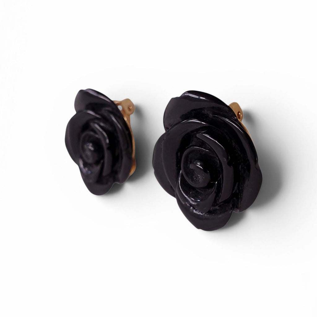 VINTAGE BLACK ROSETTE CLIP-ON EARRINGS
