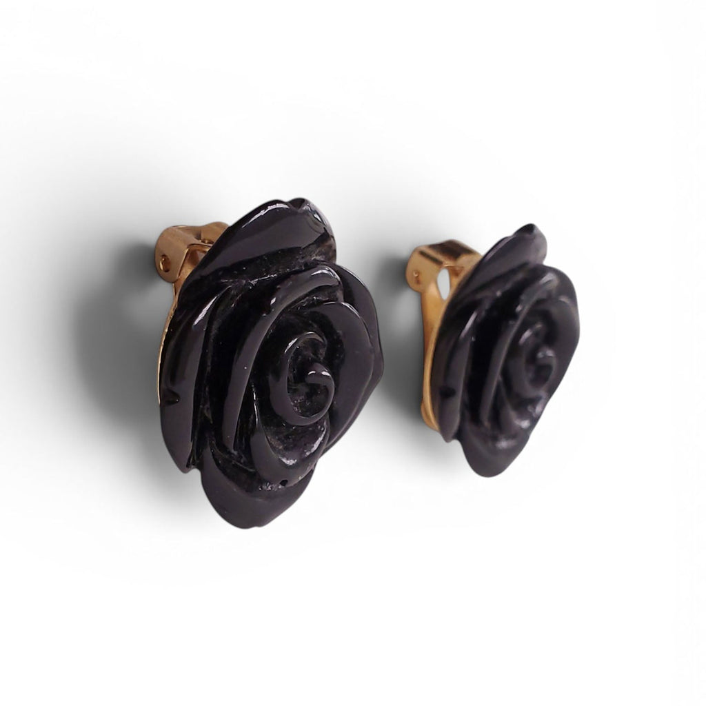 VINTAGE BLACK ROSETTE CLIP-ON EARRINGS