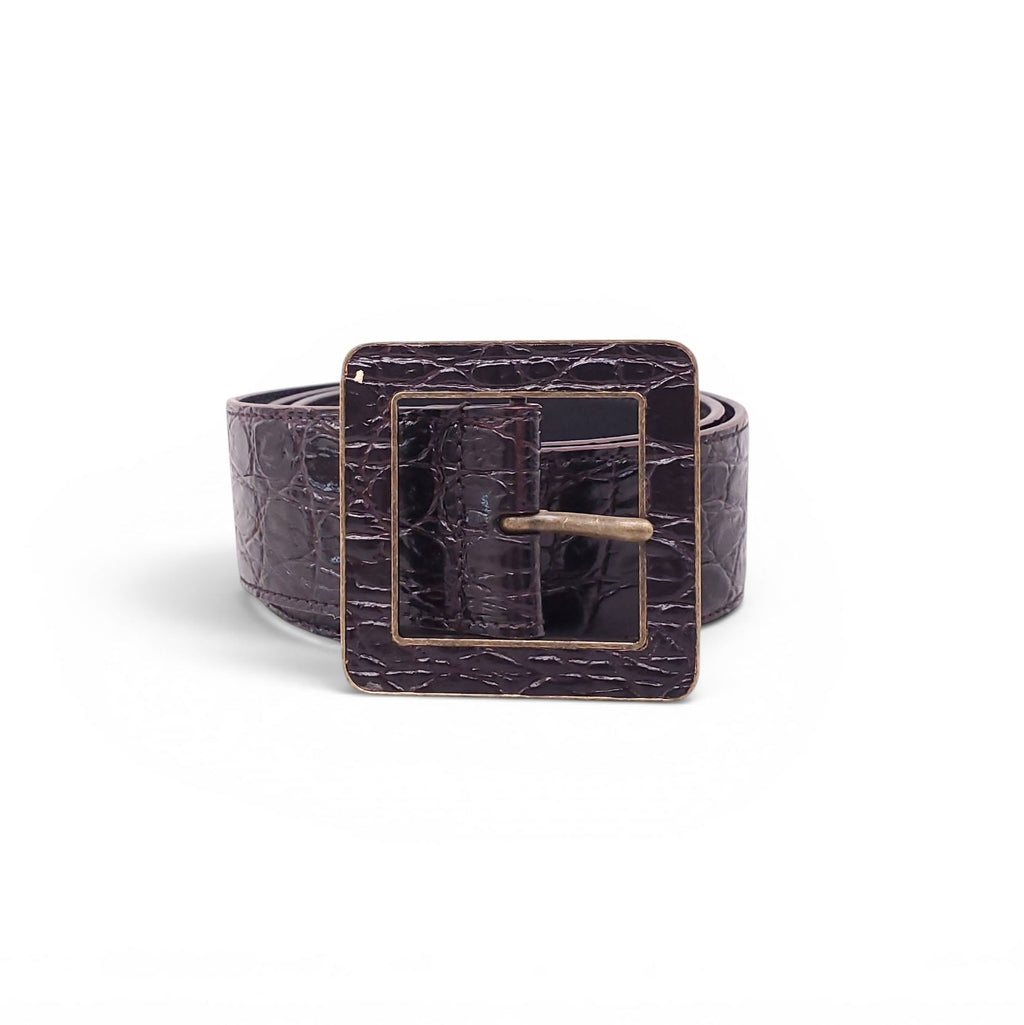 SAINT LAURENT BLACK AND BRONZE CROC EMBOSSED BELT - SIZE 75