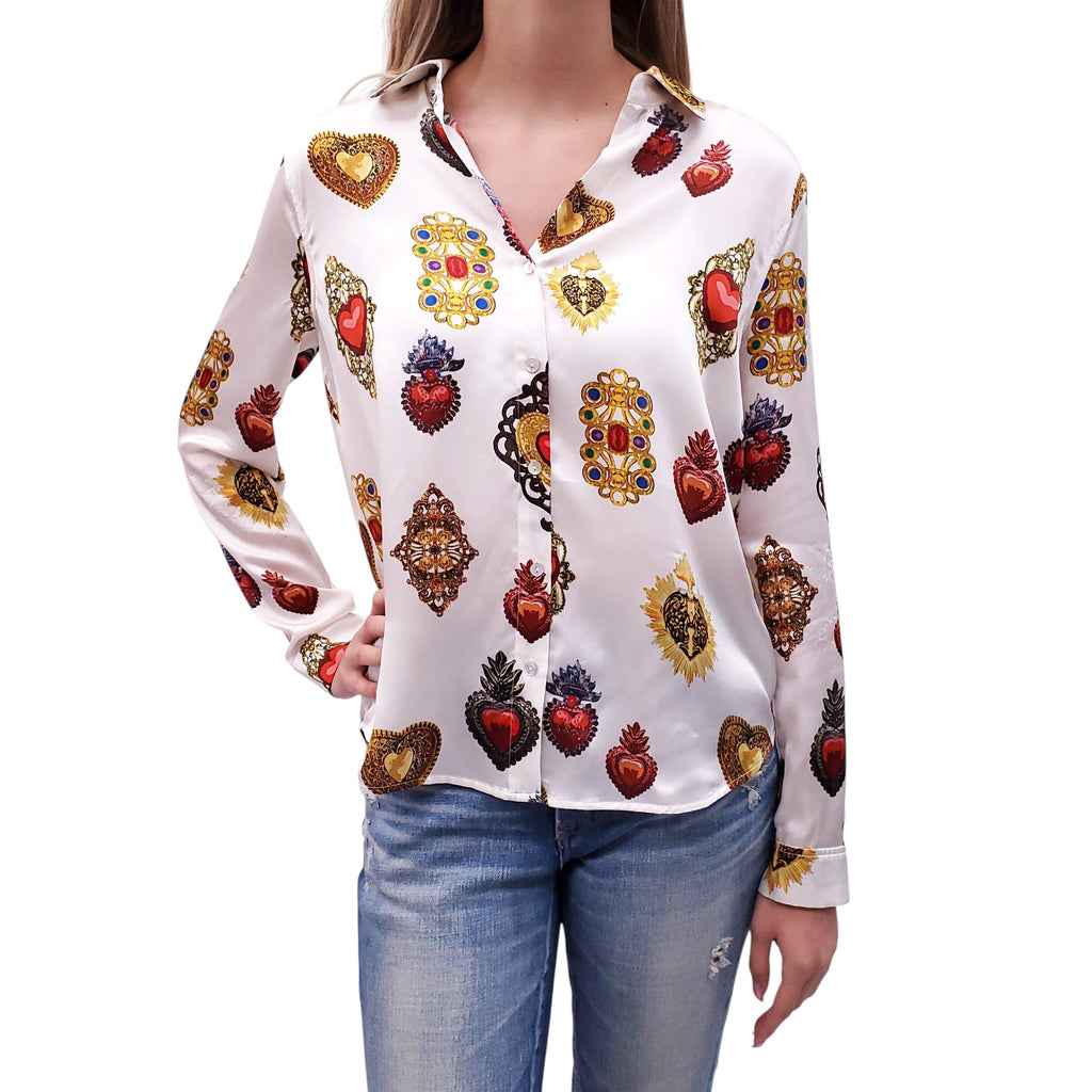 L’AGENCE WHITE SILK HEART EMBLEM BLOUSE - SIZE S