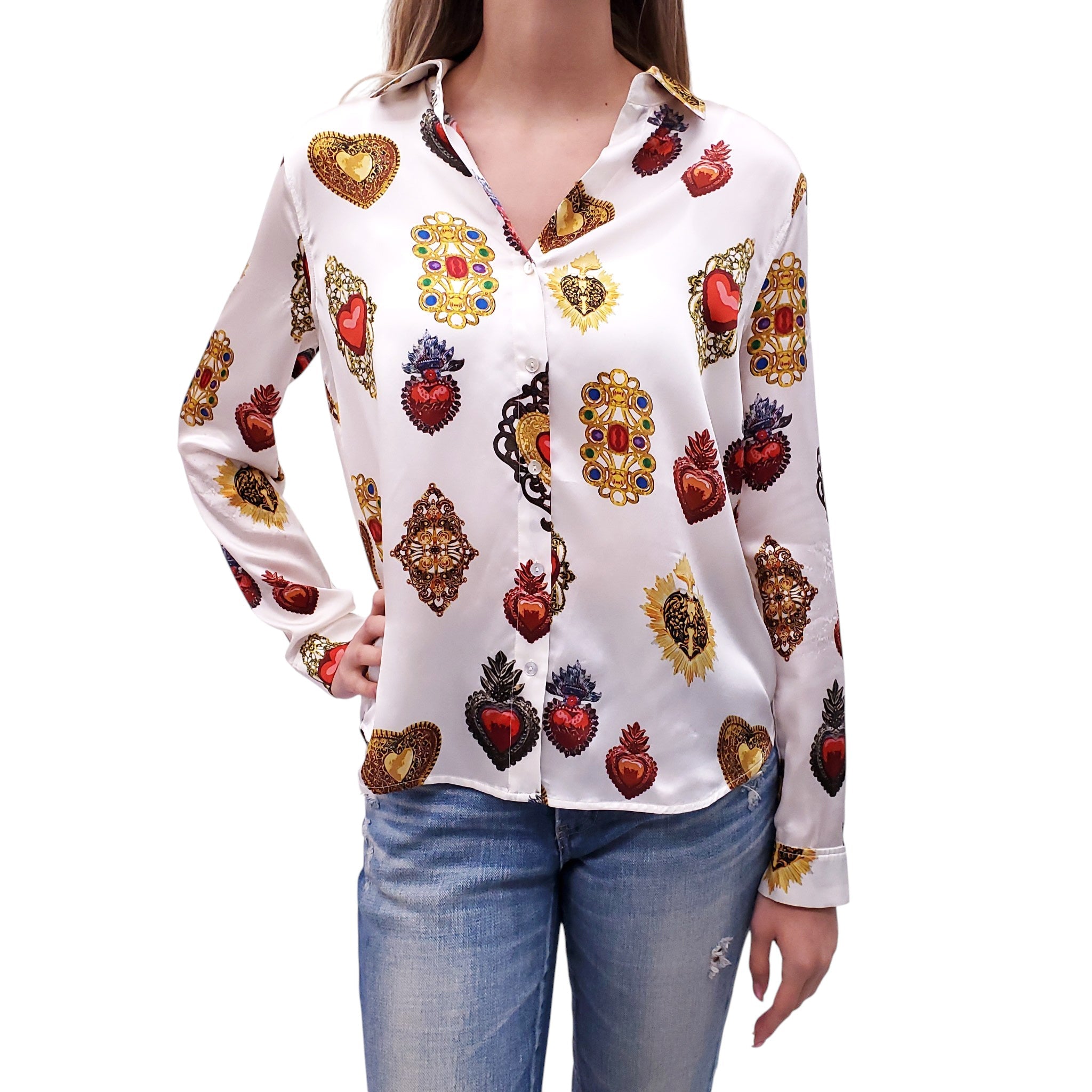 L’AGENCE WHITE SILK HEART EMBLEM BLOUSE - SIZE S