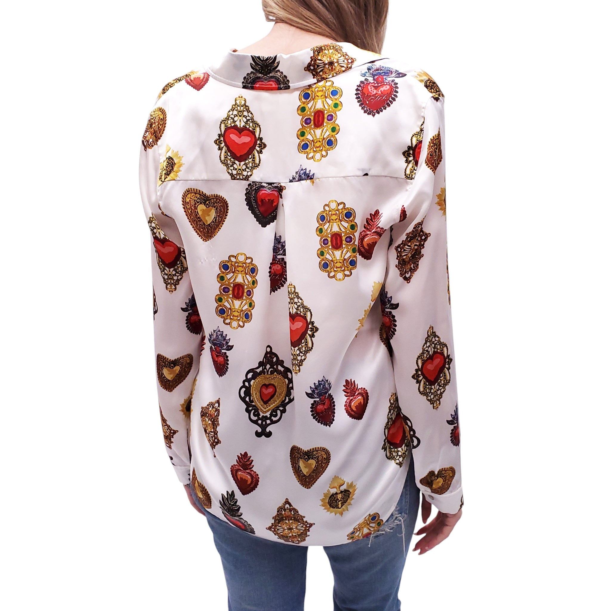L’AGENCE WHITE SILK HEART EMBLEM BLOUSE - SIZE S