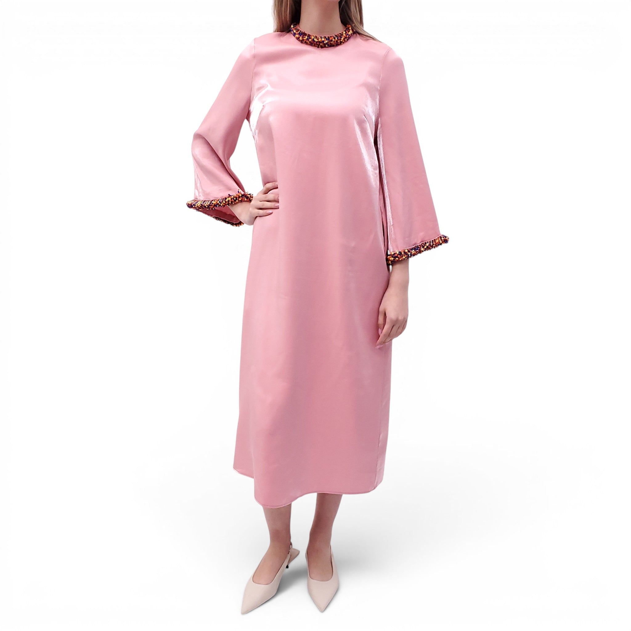 ALÉMAIS PINK DRESS WITH MULTICOLOURED BEADED DETAILS - SIZE 4