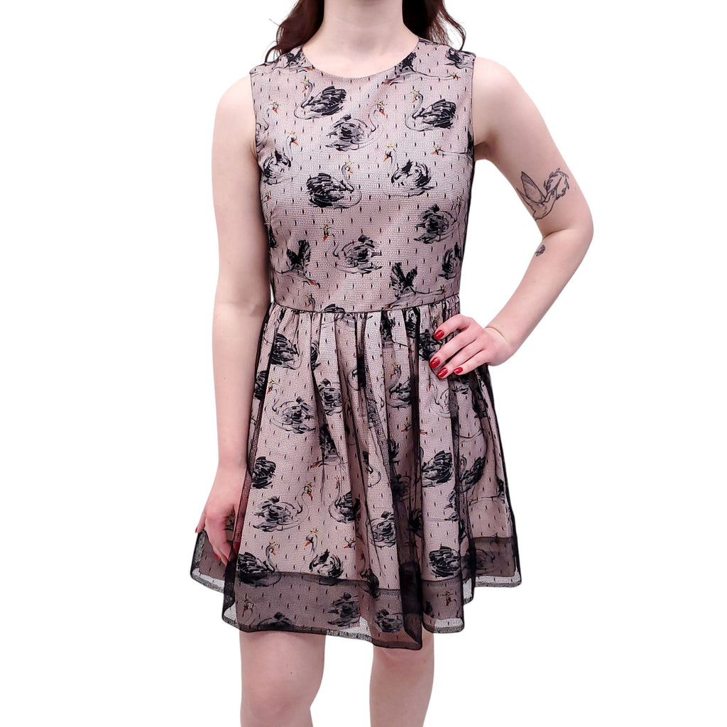 RED VALENTINO BLUSH PINK SWAN PRINT DRESS WITH BLACK MESH DETAIL - SIZE 42