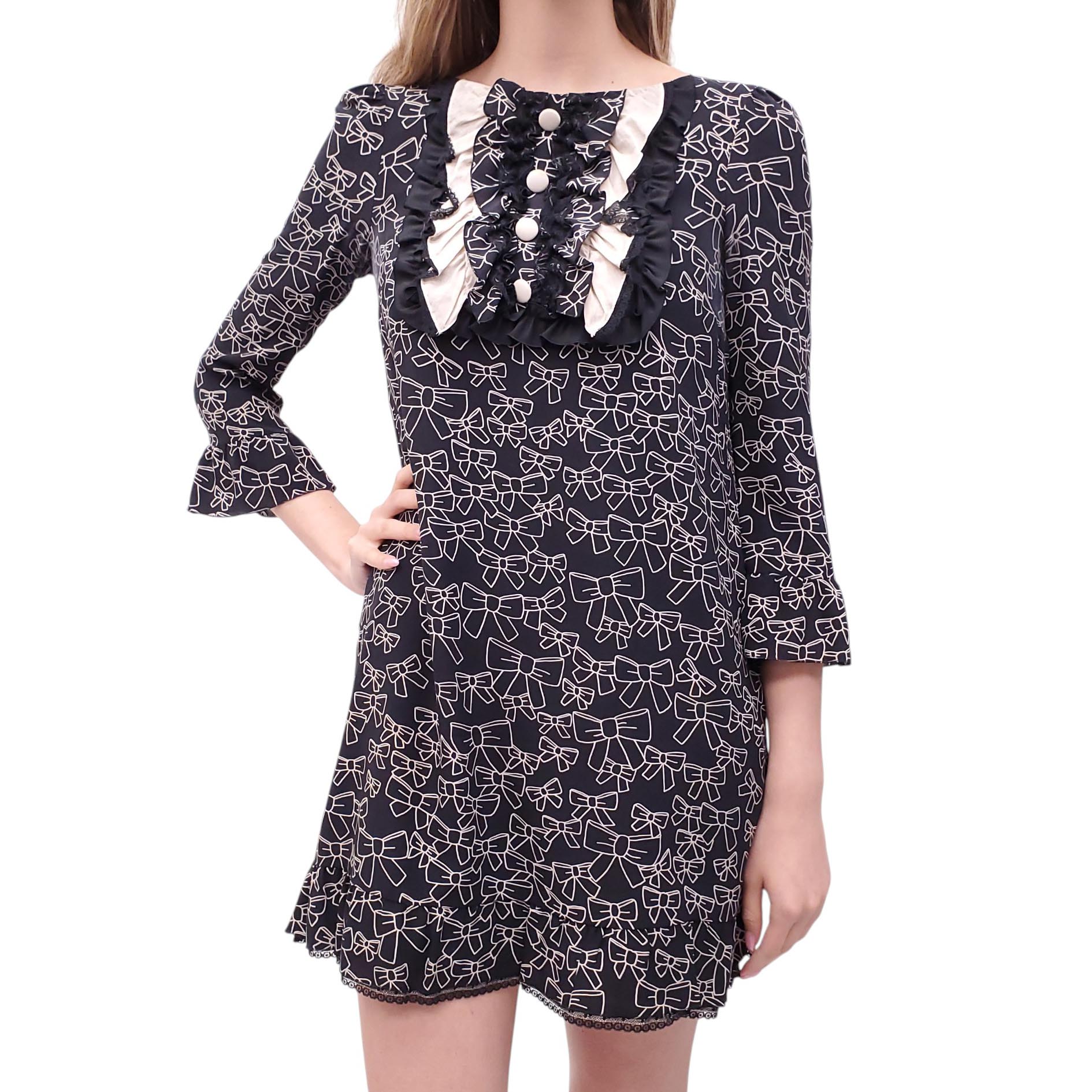 RED VALENTINO BLACK BOW PRINT RUFFLE DRESS - SIZE 42