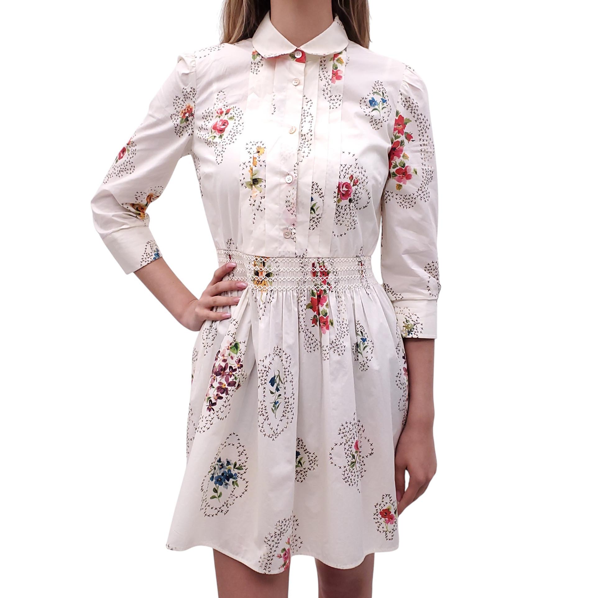 RED VALENTINO WHITE CINCH-WAIST DRESS WITH FLORAL PRINT - SIZE 42