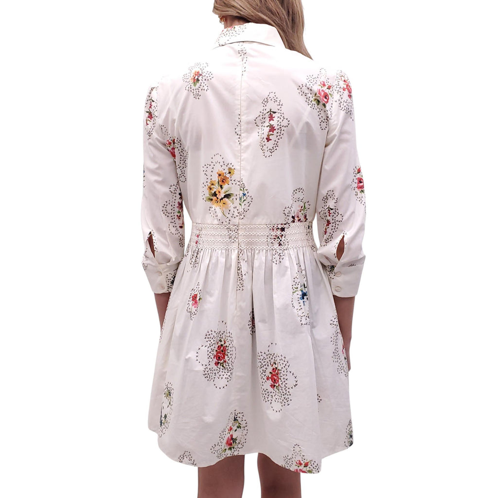 RED VALENTINO WHITE CINCH-WAIST DRESS WITH FLORAL PRINT - SIZE 42