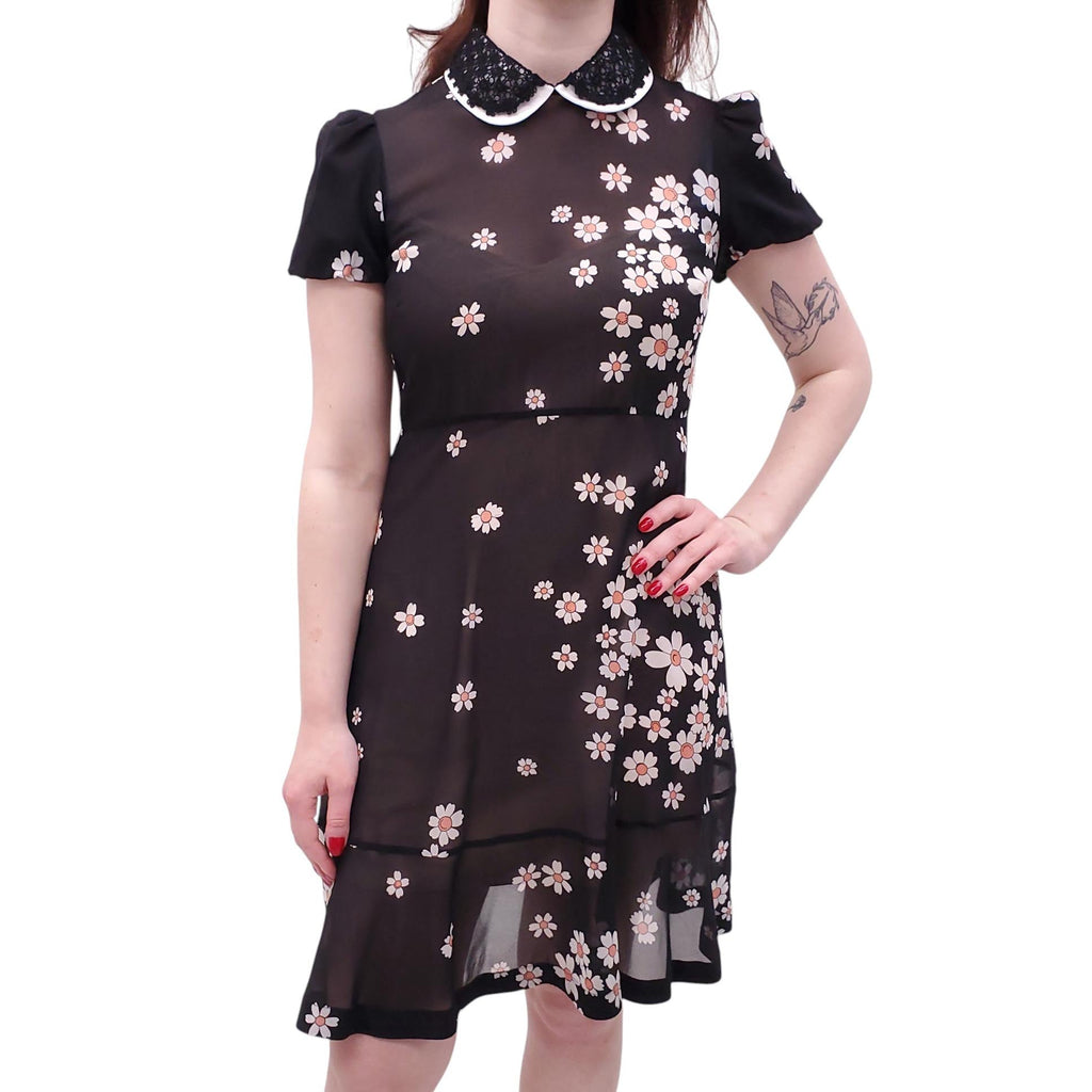 RED VALENTINO BLACK FLORAL DRESS WITH LACE COLLAR DETAIL - SIZE 40