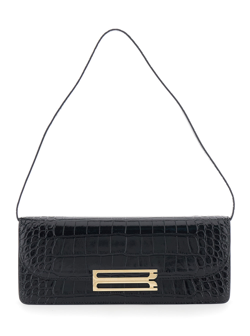 Victoria Beckham Women 'Dorian East-West' Black Shoulder Bag With Plaque Closure On The Front And Crocodile-Embossed Effect In Leather For Women