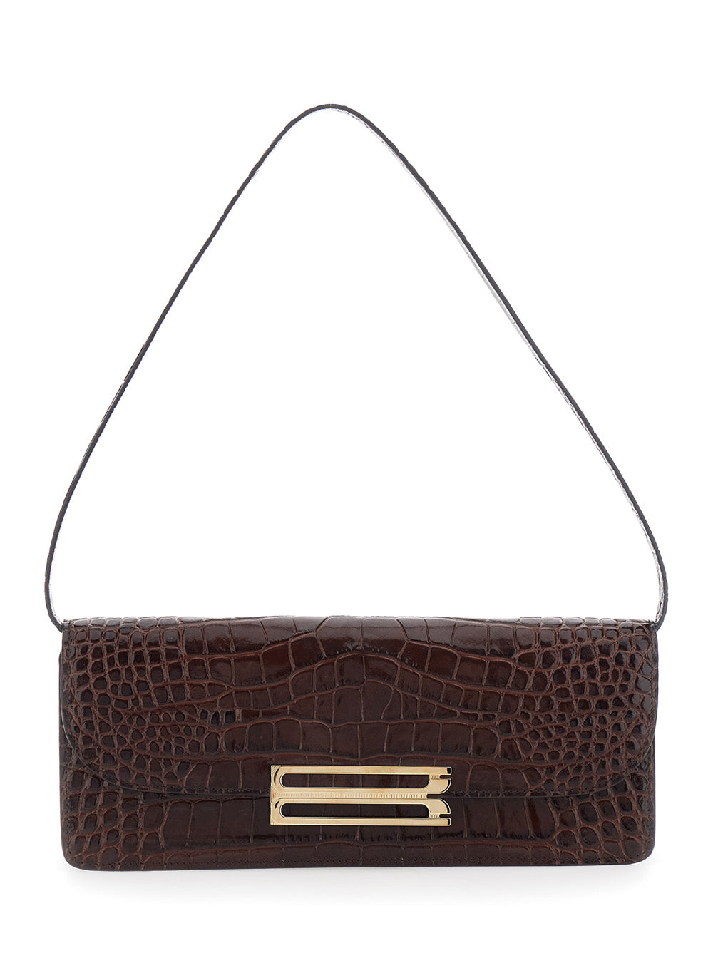Victoria Beckham Women 'Dorian East-West' Brown Shoulder Bag With Plaque Closure On The Front And Crocodile-Embossed Effect In Leather For Women