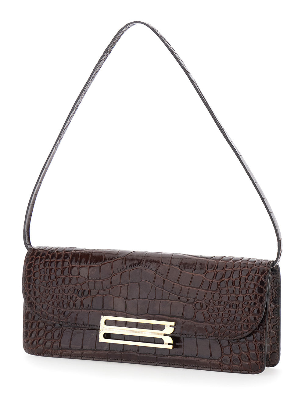 Victoria Beckham Women 'Dorian East-West' Brown Shoulder Bag With Plaque Closure On The Front And Crocodile-Embossed Effect In Leather For Women