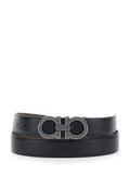 Ferragamo Men Reversible Belt With Gancini Buckle In Grained Black Leather For Men